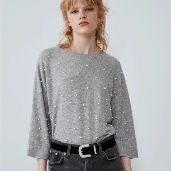 Zara GREY Pearl Raw Edge Drop Shoulder Pullover Sweater Heather  Grey Size Small - Picture 3 of 8